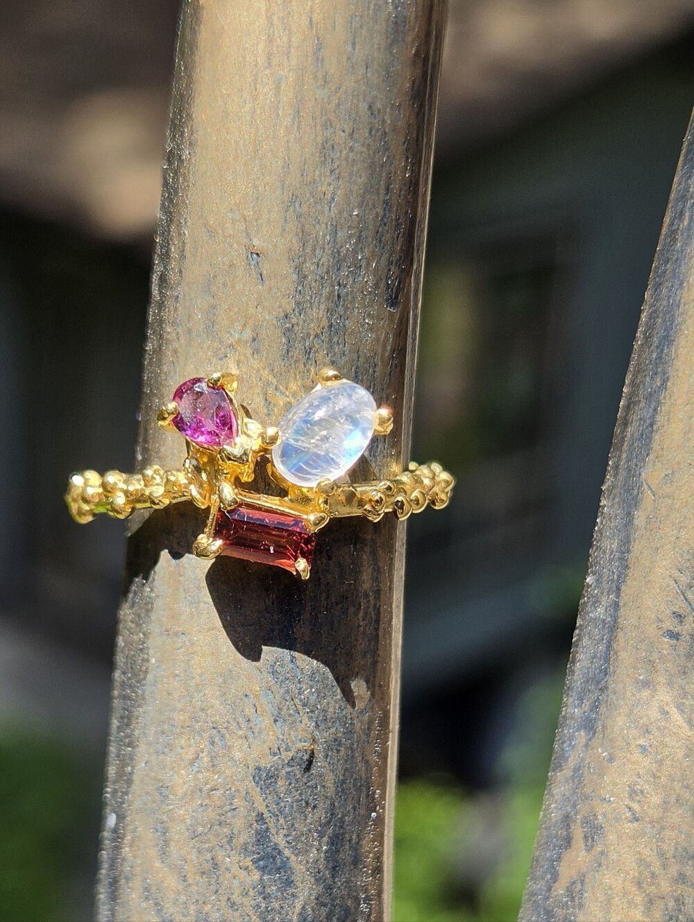 Moonstone Garnet & Rhodolite Sterling & Gold Ring Sz6.5 - Picture 2 of 8